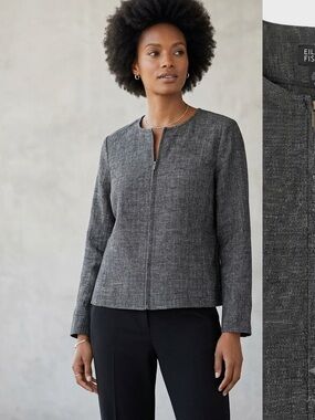 Eileen Fisher Grey Tweed Wool Hemp Zip Up Jacket Pockets Minimalist Women’s L
